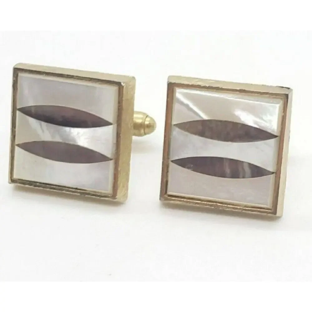 Vintage CuffLinks Gold Metal Abalone Mother of Pearl Inlaid Dante